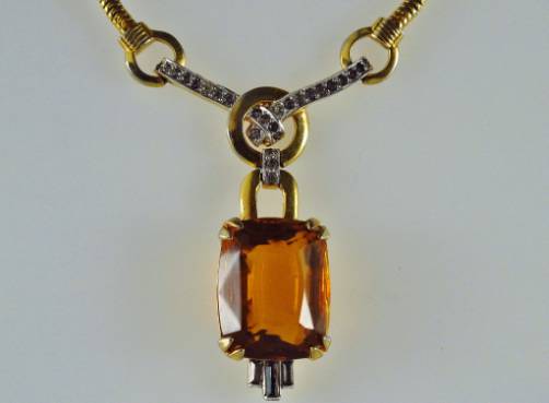 Mazer vintage gold plated faux topaz and rhinestones Art Deco style necklace 1960s ca, America